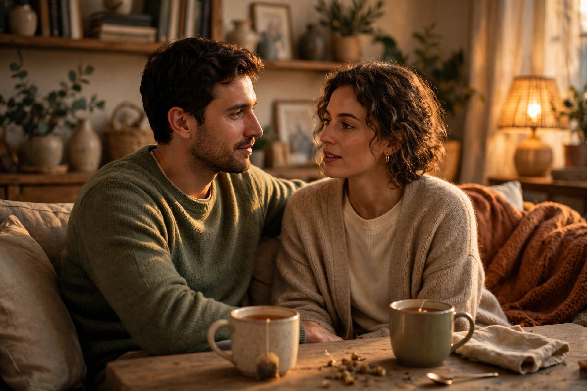 A couple sitting close on a sofa in warm evening light, turned toward each other in quiet conversation